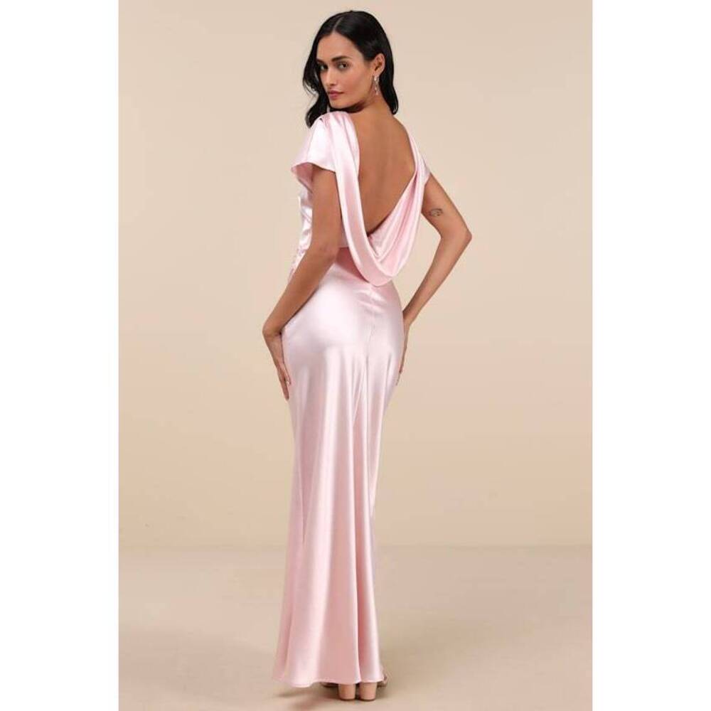 Lulus Captivating Presence Blush Pink Satin Cowl Back Maxi Dress - Size L